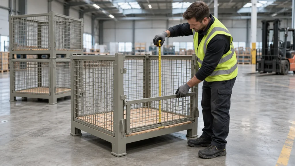 Magazynier mierzy wysokość wnętrza gitterboxa 970 mm z otwartą klapą
