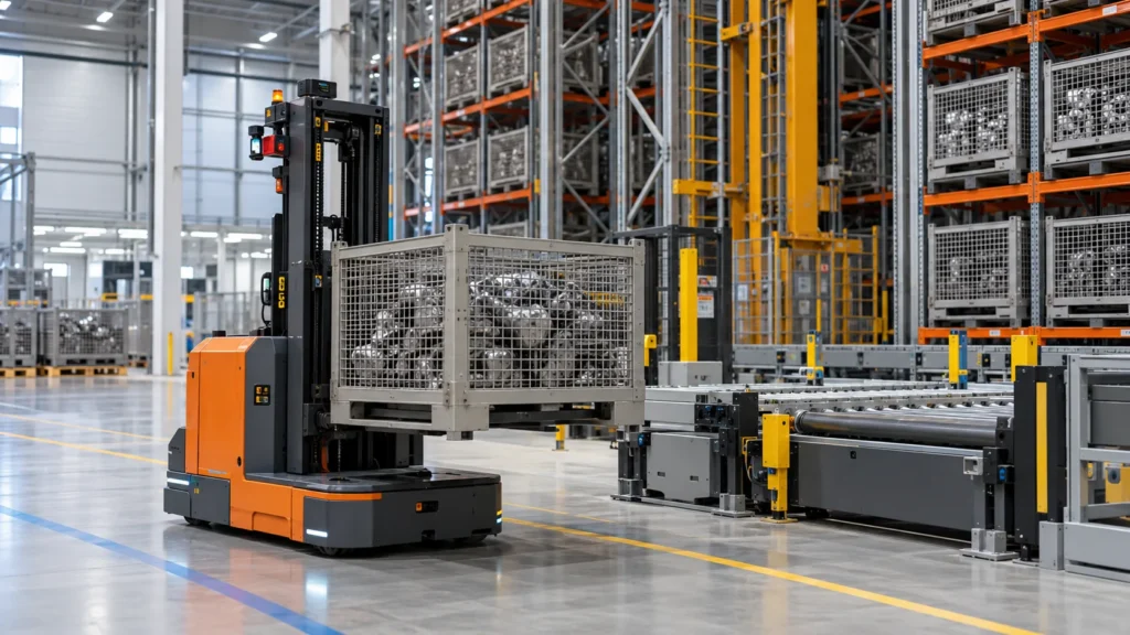 Robot AMR z widłami podejmuje gitterbox przy przenośniku rolkowym w magazynie zautomatyzowanym