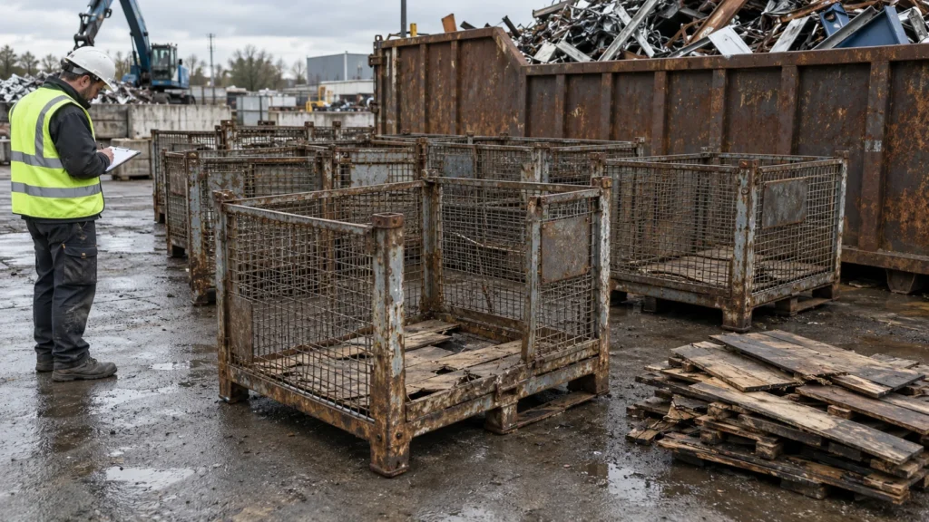 Wyeksploatowane gitterboxy posegregowane do recyklingu obok kontenera na złom stalowy